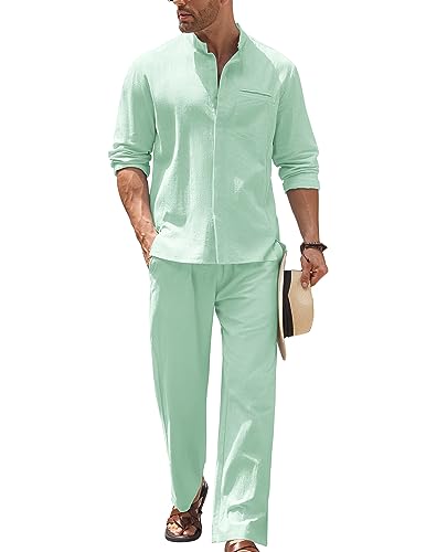 COOFANDY Herren 2-teiliges Baumwoll-Leinen-Set, langärmelig, Button-Up-Shirt und Strandhose, Sommer-Yoga-Outfits, Hellgrün, X-Large von COOFANDY