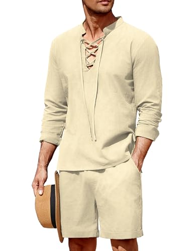 COOFANDY Herren 2-teiliges Baumwollleinen-Set, Strand-Outfit, Sommer-Hippie-Hemd und Shorts-Set, Renaissance-Schnürung, Henley-Anzug, Khaki, X-Large von COOFANDY