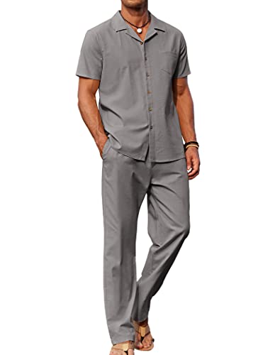 COOFANDY 2-teiliges Leinen-Outfit für Herren, mit Knopfleiste, lässig, lockere Hose, GRAU, Large von COOFANDY