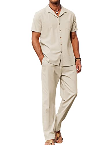 COOFANDY Herren 2-teiliges Leinen-Outfit Strand Button Down Hemd Casual Loose Pant Sets, khaki, Large von COOFANDY