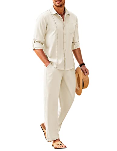 COOFANDY Herren 2-teiliges Leinen-Set, lässig, langärmelig, Button-Down-kubanisches Hemd und lockere Hose, Strandurlaub-Outfits, Beige, Medium von COOFANDY