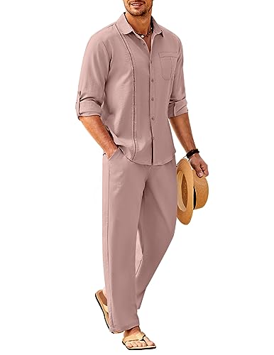 COOFANDY Herren-Leinen-Set, 2-teilig, langärmelig, Knopfleiste, kubanisches Hemd und Hose, Set für Sommer, Strand, Outfit, Pink, Large von COOFANDY