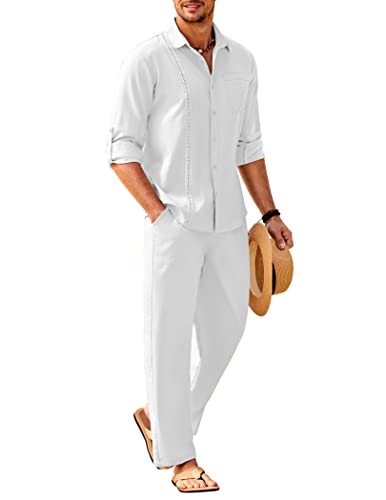 COOFANDY Herren 2-teiliges Leinen-Set, lässig, langärmelig, Button-Down-kubanisches Hemd und lockere Hose, Strandurlaub-Outfits, Weiss/opulenter Garten, Medium von COOFANDY