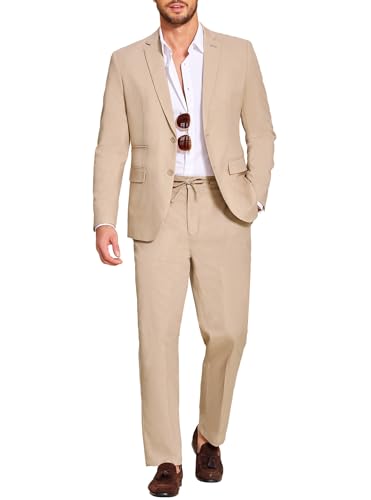 COOFANDY Herren 2-teiliges Leinenanzug-Set Regular Fit Casual Leichte Blazer Jacke und Hose, Khaki, XL von COOFANDY