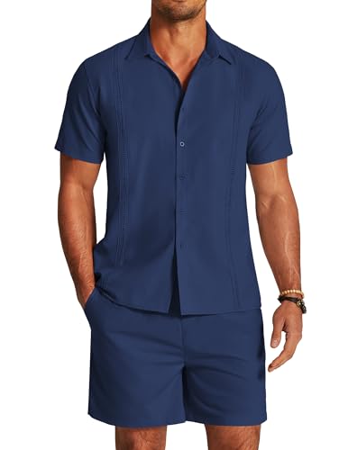 COOFANDY Herren 2-teiliges Leinenset, Strand-Guayabera-Outfit, Hemd und Shorts mit Knopfleiste, Marineblau, XXX-Large von COOFANDY