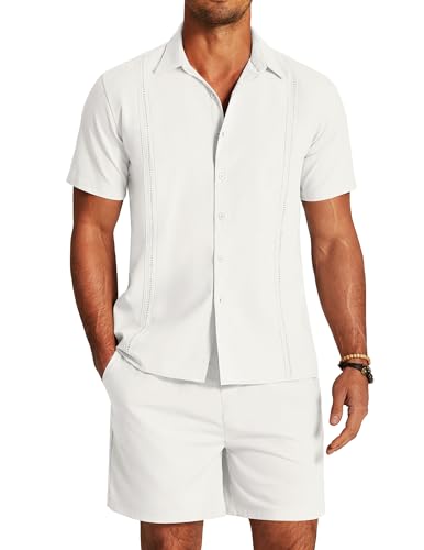 COOFANDY Herren 2-teiliges Leinen-Set, Strand-Guayabera-Outfit, Button-Down-Shirt und Shorts, Weiss/opulenter Garten, XXX-Large von COOFANDY