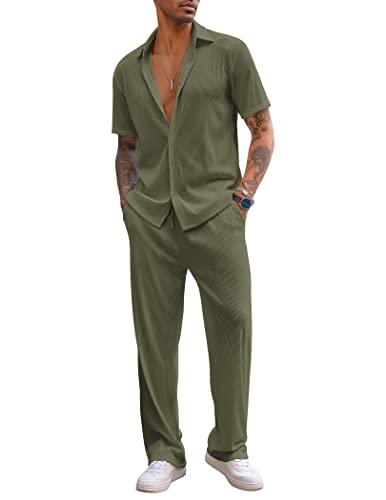 COOFANDY Herren 2-teiliges Outfit Casual Kurzarm Button Down Shirt Strand Sommer Lose Hosen Sets, Grün (Army Green), Large von COOFANDY