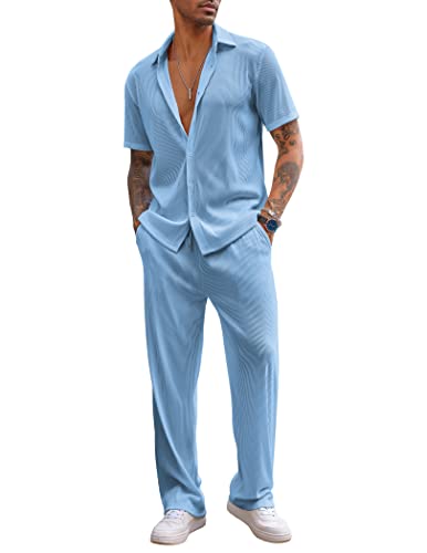 COOFANDY Herren 2-teiliges Outfit Casual Kurzarm Button Down Shirt Strand Sommer Lose Hosen Sets, Hell, blau, Medium von COOFANDY