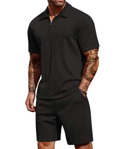 COOFANDY Herren 2-teiliges Outfit Casual Viertelreißverschluss Poloshirt und Shorts Set Athletic Jogging Sommer Trainingsanzug, 1-schwarz, Large COOFANDY Herren 2-teiliges Outfit Casual Viertelreißverschluss Poloshirt und Shorts Set Athletic Jogging Sommer Trainingsanzug, 1-schwarz, Large von COOFANDY