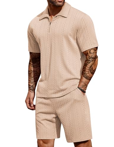COOFANDY Herren 2-teiliges Outfit Casual Viertelreißverschluss Poloshirt und Shorts Set Athletic Jogging Sommer Trainingsanzug, Hellkhaki, Medium von COOFANDY