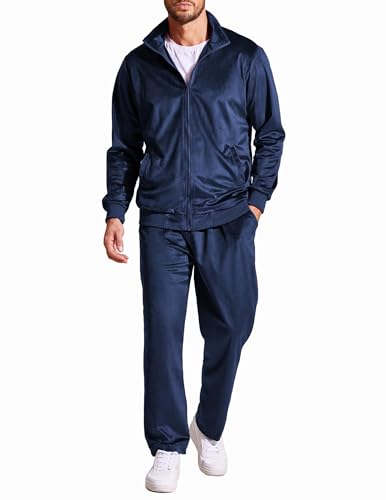 COOFANDY Herren 2-teiliges Velours-Trainingsanzug mit durchgehendem Reißverschluss, Jacken, Hosen, Samt, Jogginganzüge, Sweatanzug-Set, Marineblau, Small von COOFANDY