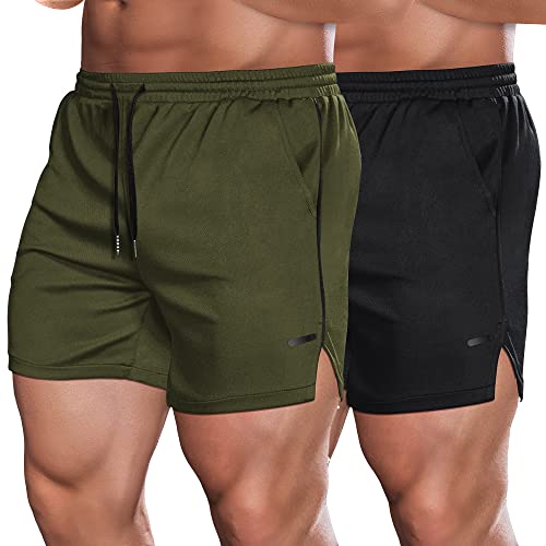 COOFANDY Herren 2er-Pack Gym Workout Shorts Mesh Leichte Bodybuilding Hosen Training Laufen Sport Jogger mit Taschen, Army Green/Schwarz, Groß von COOFANDY