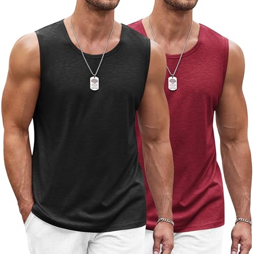 COOFANDY Herren 2er Set Tank Top Ärmelloser Muskelshirt Quick Dry Workout Sport Fitness Hoodie Unterhemden Schwarz/Burgund XXXL von COOFANDY
