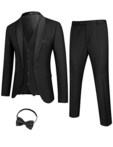 COOFANDY Herren 3 Stück Anzug Slim Fit Smoking Set One Button Jacke Weste Hose mit Krawatte, Schwarz, XX-Large von COOFANDY