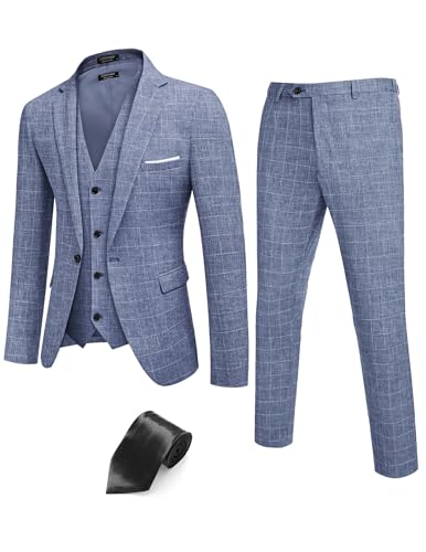 COOFANDY Herren 3-teilige Slim Fit Anzüge Ein-Knopf-Blazer Weste Anzughose mit Krawatte, Karierter Blazer - Blau, XL von COOFANDY