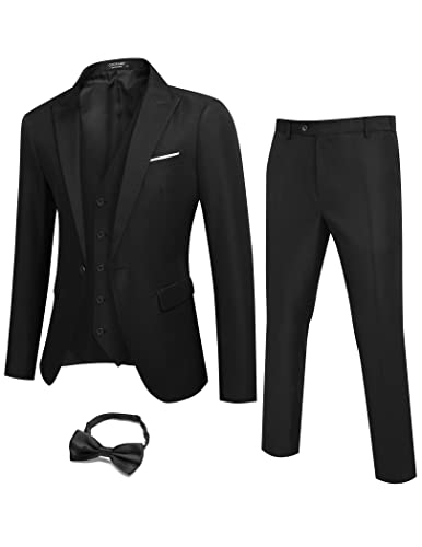 COOFANDY Herren 3-teiliger Anzug Slim Fit Smoking Ein-Knopf Abschlussball Anzüge Blazer Jacke Weste Hose mit Krawatte, schwarz, M von COOFANDY