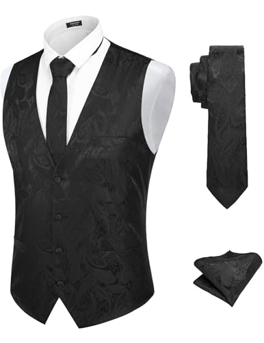 COOFANDY Herren 3-teiliges Paisley-Weste-Krawatten-Set, formelle Weste, Kleid, Anzug, Tux-Weste, Set mit Einstecktuch, Black, Small COOFANDY Herren 3-teiliges Paisley-Weste-Krawatten-Set, formelle Weste, Kleid, Anzug, Tux-Weste, Set mit Einstecktuch, Black, Small von COOFANDY