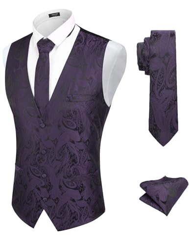 COOFANDY Herren 3-teiliges Paisley-Weste-Krawatten-Set, formelle Weste, Kleid, Anzug, Tux-Weste, Set mit Einstecktuch, Purple, Large von COOFANDY