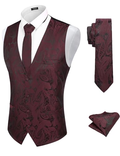 COOFANDY Herren 3-teiliges Paisley-Weste-Krawatten-Set, formelle Weste, Kleid, Anzug, Tux-Weste, Set mit Einstecktuch, Wine Red, Small von COOFANDY