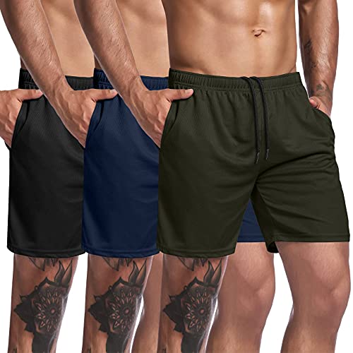 COOFANDY Herren 3er-Pack Gym Workout Shorts Mesh Gewichtheben Kniebeugen Hosen Training Bodybuilding Jogger mit Tasche, Schwarz/Armeegrün/Marineblau., Groß von COOFANDY