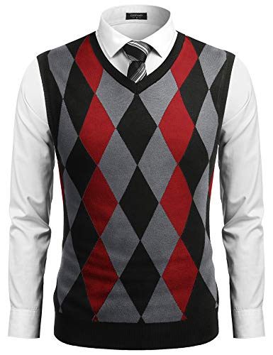 COOFANDY Ärmelloser Herren-Pullover mit V-Ausschnitt, schmale Passform, lässiger Argyle-Pullover, schwarz / rot, XXL von COOFANDY