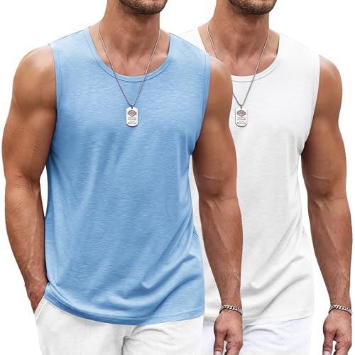 COOFANDY Herren Ärmelloses Laufshirt Tanktop atmungsaktives elastisches Quick Dry Funktionsshirts Baselayer Sports Fitness Weiß/Hellblau XL von COOFANDY