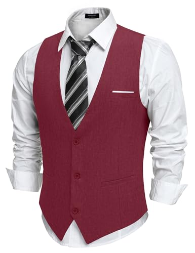 COOFANDY Herren Anzug Weste Elegant Anzugweste Ärmellose Weste Hochzeitsweste Businessweste Gilet Suit Vest V-Ausschnitt Herrenwesten Frackweste Weinrot L von COOFANDY