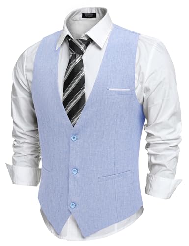 COOFANDY Herren Anzug Weste mit Taschen Anzugweste Ärmellose Weste Gilet Businessweste V-Ausschnitt Suit Vest Hochzeitsweste Party Herrenwesten Smoking Hellblau L von COOFANDY