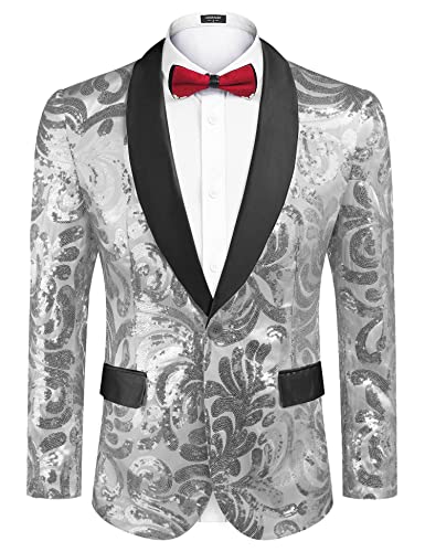 COOFANDY Herren-Anzugjacke, glänzend, mit Pailletten, Blumenmuster, stilvoller Smoking, für Party, Hochzeit, Bankett, Abschlussball, A-Silber, 3XL von COOFANDY