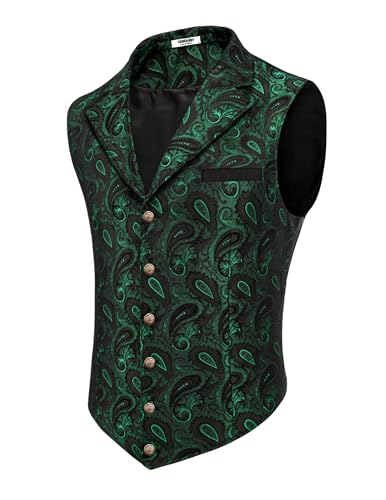 COOFANDY Herren-Anzugweste, Paisleymuster, viktorianische Weste, Gothic, Steampunk, formelle Smoking-Weste mit gekerbtem Revers, Grünes Paisley, XX-Large von COOFANDY