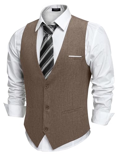 COOFANDY Herren Anzugweste Anzug Weste Elegant Ärmellose Weste Hochzeitsweste Businessweste Gilet Suit Vest V-Ausschnitt Herrenwesten Frackweste Braun M von COOFANDY
