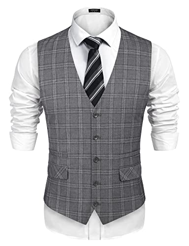 COOFANDY Herren Anzugweste formelles Kleid Weste Slim Fit Buesiness Hochzeit Weste, kariert grau, Small von COOFANDY