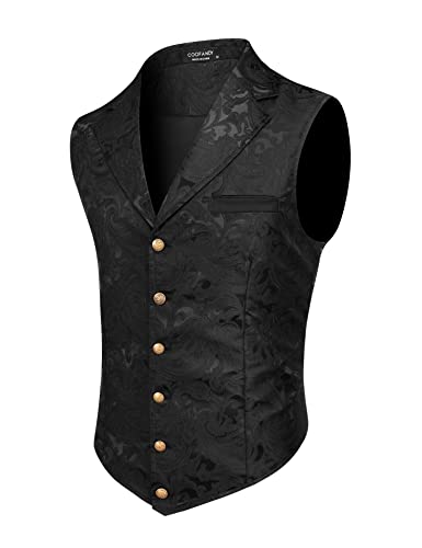 COOFANDY Herren-Anzugweste, Paisleymuster, viktorianische Weste, Gothic, Steampunk, formelle Smoking-Weste mit gekerbtem Revers, Schwarz, Large von COOFANDY