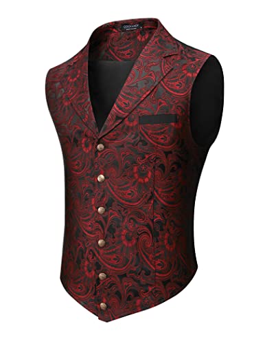 COOFANDY Herren-Anzugweste mit Paisleymuster, viktorianischer Weste, Gothic, Steampunk, formelle Weste, Smoking-Weste mit eingekerbtem Revers, weinrot, Small von COOFANDY