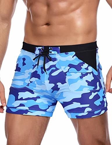 COOFANDY Herren-Badeanzug, Camouflage, schnelltrocknend, Herren-Badehose, Badehose mit Taschen, Kurz-Blau, M von COOFANDY