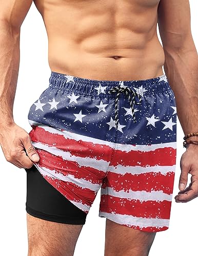 COOFANDY Herren-Badehose mit Kompressionsfutter, 2-in-1-Bademode, Badeanzug, kurz, schnell trocknend, P Amerikanische Flagge, XL von COOFANDY