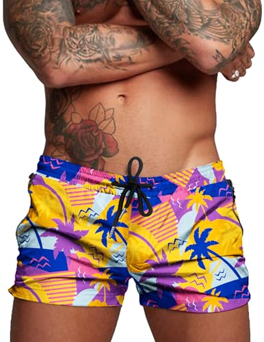 COOFANDY Herren-Badehose mit Kompressionsfutter, 2-in-1-Bademode, schnell trocknend, Board-Shorts, S-3XL, Oranger Kokosnussbaum, Large von COOFANDY