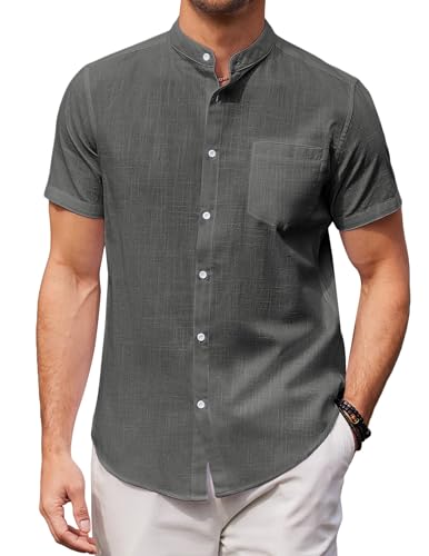 COOFANDY Herren Banded Collar Beach Shirt Baumwolle Leinen Casual Button Down Kurzarm Shirts, Schwarz, XL von COOFANDY