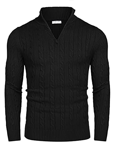 COOFANDY Herren Basic Polopullover Zopfmuster Rollkragenpullover Half Zip Pullover Slim Fit Winterpullover Schwarz XXL von COOFANDY