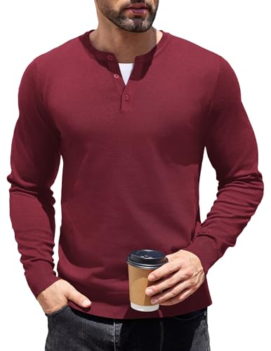 COOFANDY Herren Basic Pullover mit Henley Kragen Langarm Feinstrick Slim Fit Einfarbig Button Sweater Shirt Weinrot S von COOFANDY