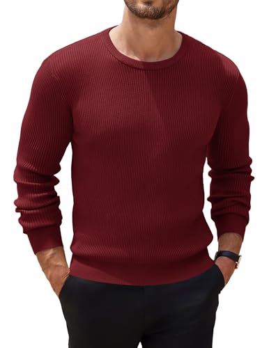 COOFANDY Herren Basic Strickpullover Rundhals Feinstrick Pullover Schmale Ribbed Winterpullover Sweater Langarmshirt Pulli Weinrot L von COOFANDY