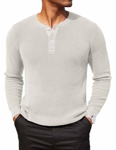 COOFANDY Herren Basic Strickpullover Rundhals Grobstrick Pullover Sweater Knöpfe Pullover Waffel Langarmshirt Modern Fit Pulli Weiß XL von COOFANDY