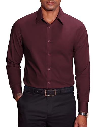 COOFANDY Herren Baumwolle Hemd Langarm Stretch Bügelleichtes Businesshemden Unifarben Regular Fit Freizeithemden Männer Anzug Hemden Burgunderrot XL von COOFANDY