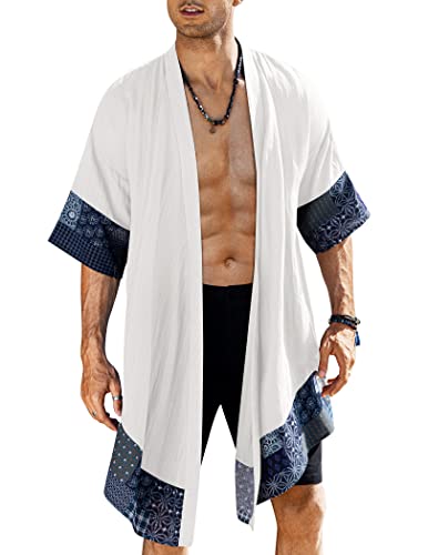 COOFANDY Herren Baumwolle Kimono Cardigan Lange Jacken Open Front Drape Cape Mantel, Weiss/opulenter Garten, XX-Large von COOFANDY