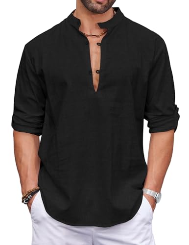 COOFANDY Herren Baumwolle Langarmshirt Herren Sommer Strand Hemd Freizeithemd Men's Casual Henley Shirts Schwarz L von COOFANDY