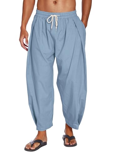 COOFANDY Herren Baumwolle Leinen Haremshose Kordelzug Casual Cropped Hose Leichte Lose Strand Yoga Hose mit Taschen, Blau, X-Groß von COOFANDY