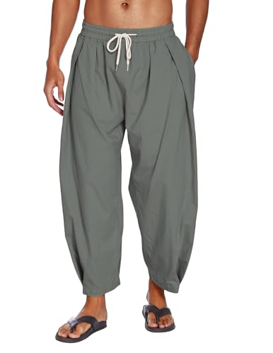 COOFANDY Herren Baumwolle Leinen Haremshose Kordelzug Casual Cropped Hose Leichte Lose Strand Yoga Hose mit Taschen, Dark Grey, Groß von COOFANDY