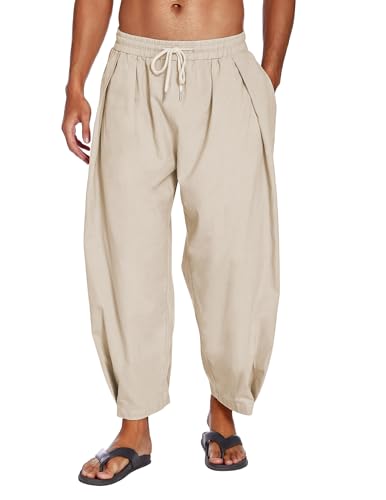 COOFANDY Herren Baumwolle Leinen Haremshose Kordelzug Casual Cropped Hose Leichte Lose Strand Yoga Hose mit Taschen, Khaki, Mittel von COOFANDY