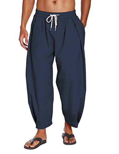 COOFANDY Herren Baumwolle Leinen Haremshose Kordelzug Casual Cropped Hose Leichte Lose Strand Yoga Hose mit Taschen, Navy Blue, Groß von COOFANDY