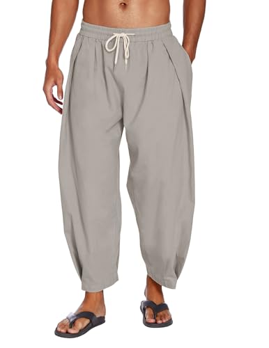 COOFANDY Herren Baumwolle Leinen Haremshose Kordelzug Casual Cropped Hose Leichte Lose Strand Yoga Hosen mit Taschen, Hellgrau, Groß von COOFANDY